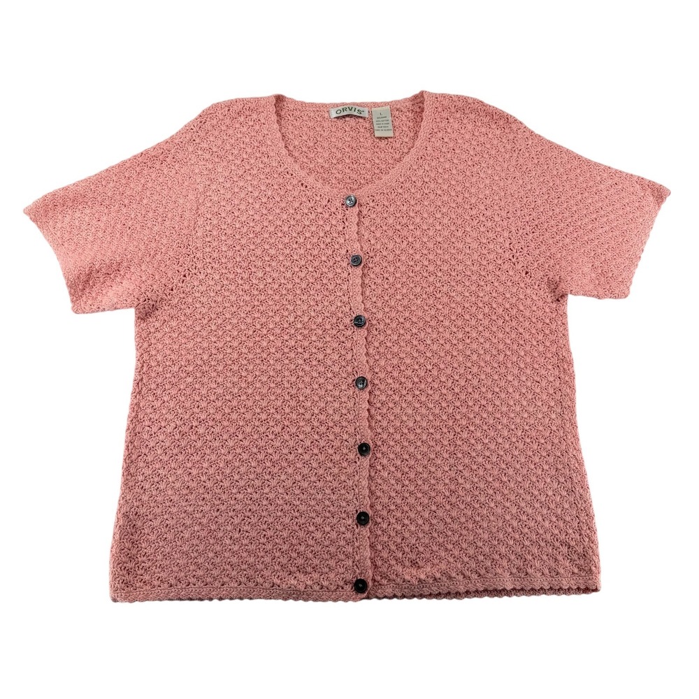 Orvis Crochet Knit Ramie Cotton Cardigan Button Sweater Womens Large Pink Granny
